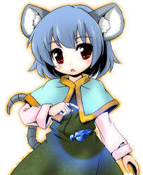 Rule 34 | 1girl, animal ears, capelet, dress, female focus, gradient background, grey hair, itsuku, mouse ears, mouse tail, nazrin, open mouth, pendulum, red eyes, short hair, solo, tail, touhou, white background