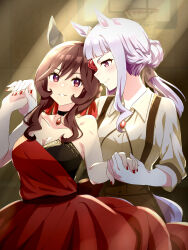 Rule 34 | 1girl, 2girls, absurdres, alternate costume, animal ears, bare shoulders, basketball hoop, black choker, braid, breasts, brown hair, brown pants, choker, cleavage, closed mouth, collar, collared shirt, commentary request, dancing, dress, ear covers, ear ornament, french braid, gentildonna (umamusume), gold ship (umamusume), grey hair, highres, horse ears, horse girl, horse tail, large breasts, long hair, multiple girls, nk-43g, pants, pendant choker, purple eyes, red dress, red eyes, red nails, shirt, smile, solo, suspenders, tail, umamusume, yuri