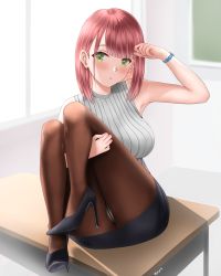 Rule 34 | 1girl, absurdres, armpits, bad id, bad pixiv id, black footwear, black skirt, blunt bangs, blush, breasts, brown pantyhose, chalkboard, classroom, commentary request, crotch seam, desk, eyelashes, green eyes, grey sweater, hand to head, hand up, high heels, highres, indoors, knees up, large breasts, looking at viewer, miniskirt, on desk, open mouth, original, panties, pantyhose, red hair, ribbed sweater, school desk, sitting, on desk, skirt, sleeveless, sleeveless sweater, solo, sweater, twitter username, underwear, watch, white panties, window, wristwatch, yayanri