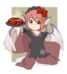 Rule 34 | 1girl, animal ears, apron, bird, blush, brown eyes, female focus, food, food request, japanese clothes, looking at viewer, maid headdress, mystia lorelei, no shoes, okamisty, short hair, solo, tabi, torque, touhou, tray, wings