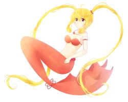 Rule 34 | absurdres, bad id, bad pixiv id, blonde hair, blue eyes, bra, flower, full body, hair between eyes, hair flower, hair ornament, highres, jewelry, long hair, mermaid, mermaid melody pichi pichi pitch, monster girl, nanami lucia, necklace, pink bra, shell, shell necklace, smiley face, solo, underwear