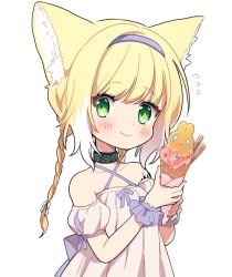 Rule 34 | 1girl, animal ears, arknights, bad id, bad twitter id, black collar, blonde hair, blush, braid, collar, collarbone, commentary, criss-cross halter, dress, female focus, flying sweatdrops, food, fox ears, green eyes, hairband, halterneck, highres, holding, holding food, ice cream, ice cream cone, infection monitor (arknights), looking at viewer, material growth, multicolored hair, off-shoulder dress, off shoulder, oripathy lesion (arknights), pink dress, purple hairband, purple wristband, short hair with long locks, simple background, single braid, smile, solo, streaked hair, suzuran (arknights), symbol-only commentary, white background, white hair, yukijiro