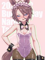 Rule 34 | 1girl, absurdres, animal ears, artist name, black collar, black footwear, black pantyhose, blue eyes, blush, boots, bow, bowtie, brown hair, bunny day, character name, collar, commentary request, covered navel, dated, detached collar, english text, frilled hairband, frills, frown, glaring, hair between eyes, hairband, half-closed eyes, hand on own hip, highres, horse ears, horse girl, horse tail, horseshoe ornament, leotard, looking at viewer, narita taishin (umamusume), open mouth, pantyhose, partial commentary, playboy bunny, pomita, short hair, signature, solo, standing, strapless, strapless leotard, tail, text background, thigh boots, twitter username, umamusume, white bow, white bowtie, white leotard, wing collar, wrist cuffs