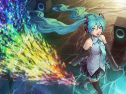 Rule 34 | 1girl, aqua eyes, aqua hair, beamed quavers, detached sleeves, floating hair, hatsune miku, headphones, long hair, looking at viewer, looking up, microphone, musical note, necktie, open mouth, quaver, ripples, ryuutetsu, skirt, smile, solo, speaker, thighhighs, twintails, vocaloid, walking, water, zettai ryouiki