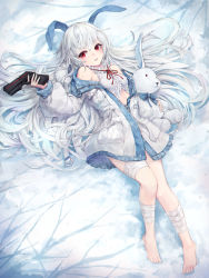 Rule 34 | 1girl, absurdres, animal ears, bandaged leg, bandages, barefoot, breasts, coat, commentary, crystalherb, english commentary, finger on trigger, gun, handgun, highres, holding, holding gun, holding stuffed toy, holding weapon, long hair, long sleeves, looking at viewer, lying, messy hair, neck ribbon, off shoulder, on back, open mouth, original, partially unzipped, pistol, pocket, rabbit ears, red eyes, red ribbon, revision, ribbon, small breasts, snow, solo, stuffed animal, stuffed rabbit, stuffed toy, very long hair, weapon, weapon request, white hair, winter clothes, winter coat, zipper, zipper pull tab