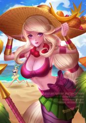 Rule 34 | 1boy, 2girls, absurdly long hair, adjusting clothes, adjusting headwear, alternate costume, armband, artist name, banana, beach, bikini, bracelet, breasts, citemer, cleavage, ezreal, food, fruit, hat, highres, jewelry, large breasts, league of legends, lips, long hair, looking at viewer, midriff, multiple girls, navel, necklace, open mouth, orange (fruit), order of the banana soraka, pineapple, pointy ears, ponytail, purple eyes, running, signature, smile, sona (league of legends), soraka (league of legends), staff, sun hat, swimsuit, very long hair, watermark, web address, white hair