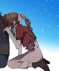Rule 34 | 1boy, 1girl, aerith gainsborough, bare arms, black hair, boots, braid, braided ponytail, brown footwear, brown hair, crisis core final fantasy vii, cropped jacket, dress, final fantasy, final fantasy vii, final fantasy vii remake, hair ribbon, jacket, kneeling, light particles, long hair, out of frame, parted bangs, pink dress, pink ribbon, red jacket, ribbon, sad, seiza, sidelocks, sitting, sweater, tooru (jux), turtleneck, turtleneck sweater, zack fair