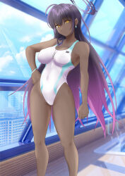 Rule 34 | 1girl, absurdres, black hair, blue archive, breasts, commentary request, competition swimsuit, dark-skinned female, dark skin, feet out of frame, halo, hand on own hip, highleg, highleg swimsuit, highres, karin (blue archive), large breasts, leaning to the side, one-piece swimsuit, purple hair, rei no pool, solo, swimsuit, umachan (umapotato), white one-piece swimsuit, yellow eyes