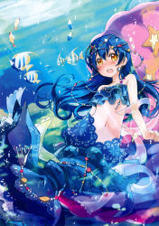 Rule 34 | 1girl, absurdres, blue hair, blush, bubble, earrings, fish, frills, hair between eyes, hekicha, highres, jewelry, long hair, looking at viewer, love live!, love live! school idol festival, love live! school idol project, mermaid costume, navel, non-web source, open mouth, scan, shell, sitting, solo, sonoda umi, star (symbol), swimsuit, underwater, water, yellow eyes