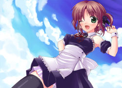 Rule 34 | 1girl, ;d, armpits, bare shoulders, black thighhighs, blush, breasts, brown hair, cloud, collar, day, detached sleeves, dutch angle, eyebrows, flower, frills, from below, green eyes, hair flower, hair ornament, hair ribbon, hand on own hip, looking at viewer, maid, neck ribbon, nullken, one eye closed, open mouth, original, red ribbon, ribbon, sky, small breasts, smile, solo, thighhighs, twintails, two side up, wink, wrist cuffs