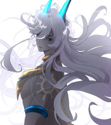 Rule 34 | 1boy, absurdres, arjuna (fate), arjuna alter (fate), arm tattoo, black eyes, blue horns, collar, colored skin, fate/grand order, fate (series), from side, grey hair, grey skin, hair between eyes, highres, horns, jojo05 rabbit09, long hair, looking at viewer, looking to the side, male focus, simple background, solo, tattoo, topless male, upper body, white background