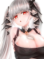 Rule 34 | 1girl, azur lane, bare shoulders, between breasts, biao, black dress, breasts, cleavage, covered erect nipples, dress, formidable (azur lane), frilled dress, frills, gothic lolita, grey hair, hair ribbon, highres, large breasts, lolita fashion, long hair, looking at viewer, necktie, necktie between breasts, red eyes, ribbon, shiny skin, simple background, solo, twintails, two-tone dress, two-tone ribbon, very long hair, white background, white necktie