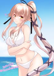 Rule 34 | 1girl, absurdres, akitsuha kanau, bikini, blue sky, breasts, brown eyes, cleavage, cloud, cowboy shot, crossed arms, dated, day, hair flaps, hair ribbon, highres, horizon, kantai collection, large breasts, long hair, looking at viewer, ocean, official alternate costume, one-hour drawing challenge, outdoors, pink hair, ponytail, ribbon, sky, solo, standing, swimsuit, twitter username, very long hair, white bikini, yura (kancolle)