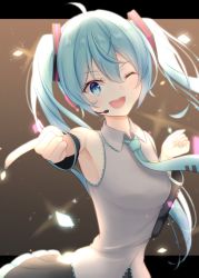 Rule 34 | 1girl, ;d, aqua eyes, aqua hair, aqua necktie, armpits, brown background, collared shirt, commentary, detached sleeves, foreshortening, gradient background, grey shirt, hatsune miku, headset, highres, index finger raised, letterboxed, long hair, looking at viewer, necktie, obustat, one eye closed, open mouth, outstretched arm, shirt, smile, solo, teeth, twintails, upper body, upper teeth only, vocaloid