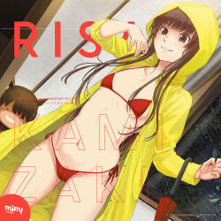 1girl amagami bikini breasts brown_eyes character_name clenched_teeth closed_umbrella coat copyright_notice cowboy_shot dutch_angle highres holding holding_umbrella hood hood_up indoors kamizaki_risa long_hair micro_bikini navel official_art open_clothes open_coat raincoat red_bikini side-tie_bikini_bottom small_breasts solo standing string_bikini swimsuit takayama_kisai teeth umbrella yellow_raincoat