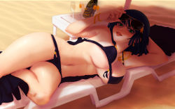Rule 34 | 1girl, alcohol, beach, bikini, black hair, bracelet, breasts, champagne, female focus, fubuki (one-punch man), green eyes, jewelry, large breasts, looking at viewer, lying, nail polish, on side, one-punch man, short hair, smile, solo, soumakyo, sunglasses, sunglasses on head, swimsuit, thighs, underboob