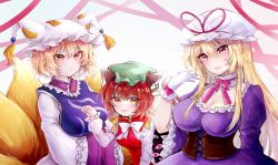 Rule 34 | 3girls, :/, :d, absurdres, animal ear fluff, animal ears, animal hat, blonde hair, blush, bow, bowtie, breasts, brown hair, cat ears, chen, claw pose, cleavage, commentary request, corset, dress, earrings, fang, fox ears, fox tail, frills, gap (touhou), gloves, hand up, hat, highres, jewelry, juliet sleeves, large breasts, light smile, long hair, long sleeves, looking at viewer, medium breasts, mob cap, multiple girls, one-hour drawing challenge, open mouth, parted lips, mob cap, pink eyes, puffy sleeves, purple dress, red dress, red eyes, short hair, simple background, single earring, skin fang, smile, tabard, tail, touhou, v-shaped eyebrows, very long hair, white background, white gloves, white neckwear, yakumo ran, yakumo yukari, yellow eyes, yuma (yuuma pants)