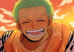 Rule 34 | 1boy, :d, ^ ^, aoiaoba0316, blush, closed eyes, facing viewer, green hair, highres, male focus, official alternate costume, one piece, open mouth, orange sky, portrait, roronoa zoro, scarf, short hair, sky, smile, solo, sweat