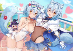 Rule 34 | 2girls, ;d, absurdres, aloe (pride of eden), animal ears, bare arms, bare shoulders, blue hair, blue skirt, bodysuit, breasts, cape, cleavage, covered navel, cowboy shot, crop top, crop top overhang, eyewear on head, fox ears, fox girl, fox tail, fur collar, hair between eyes, hair ornament, hat, highres, index finger raised, large breasts, lavie (pride of eden), looking at viewer, midriff, miniskirt, multiple girls, one-piece swimsuit, one eye closed, open mouth, orange eyes, parted lips, pleated skirt, red: pride of eden, retsuto, shirt, short hair, sideless outfit, skindentation, skirt, smile, standing, sunglasses, swimsuit, tail, tail raised, thighhighs, thighs, underboob, white legwear, white shirt, white one-piece swimsuit, witch hat