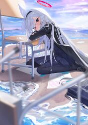 Rule 34 | 1girl, absurdres, bag, beach, black coat, black footwear, black hairband, black pantyhose, blue archive, blue bag, blue skirt, blue sky, blurry, chair, closed mouth, coat, commentary, day, depth of field, hair ribbon, hairband, halo, head on arm, highres, loafers, long hair, long sleeves, looking at viewer, neckerchief, ocean, open clothes, open coat, outdoors, pantyhose, paper, plana (blue archive), pleated skirt, red halo, ribbon, school bag, school chair, school uniform, serafuku, shoes, sitting, skirt, sky, snacks00, solo, very long hair, wariza, white hair, white neckerchief, white ribbon