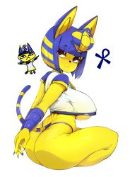 Rule 34 | 1girl, animal crossing, animal ears, ankh, ankha (animal crossing), ass, bob cut, breasts, cat ears, cat tail, colored skin, egyptian, egyptian clothes, eyeliner, from behind, furry, furry female, hair ornament, highres, large breasts, looking at viewer, looking back, makeup, nintendo, paid reward available, shiny skin, short hair, simple background, sitting, slugbox, snake hair ornament, solo, striped tail, sweat, tail, thong, underboob, white background, yellow skin