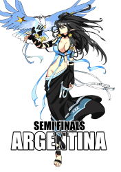 Rule 34 | 1girl, 2014 fifa world cup, absurdres, argentina, bird, black hair, breasts, earrings, highres, jewelry, large breasts, long hair, navel, no bra, no panties, personification, pointy ears, revealing clothes, star (symbol), star earrings, world cup, yu yanshu