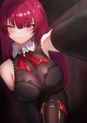 Rule 34 | 1girl, absurdres, arrow through heart, ascot, black footwear, black gloves, blush, boots, breasts, brown pantyhose, cleavage, collar, dizzykone, elbow gloves, fang, frilled collar, frills, gloves, heterochromia, highres, hololive, houshou marine, houshou marine (marching band), large breasts, leotard, long hair, looking at viewer, pantyhose, red ascot, red eyes, red hair, see-through, see-through cleavage, skin fang, thigh boots, very long hair, virtual youtuber, white collar, yellow eyes