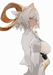 Rule 34 | 1girl, animal ears, arknights, black gloves, blush, breasts, carnelian (arknights), closed mouth, commentary, dark-skinned female, dark skin, from side, gloves, goat ears, goat girl, goat horns, hair between eyes, highres, horns, jacket, large breasts, looking at viewer, mikozin, red eyes, shirt, short hair, silver hair, simple background, smile, solo, strap, symbol-only commentary, upper body, white background, white jacket, white shirt