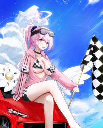 Rule 34 | 1girl, absurdres, angel wings, black choker, blue archive, breasts, car, choker, collarbone, crescent, crescent pin, dana (hapong07), day, feathered wings, feet out of frame, flag, goggles, goggles on head, halo, highres, holding, holding flag, hood, hood down, hooded jacket, jacket, large breasts, long hair, long sleeves, looking at viewer, mika (blue archive), motor vehicle, open clothes, open jacket, open mouth, outdoors, pink hair, pink halo, pink jacket, sitting, smile, solo, white wings, wings, yellow eyes