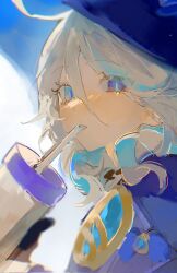 Rule 34 | 1girl, black gloves, blue eyes, blue hair, blue hat, blue jacket, chromatic aberration, cup, drinking straw, furina (genshin impact), genshin impact, gloves, hair between eyes, hat, heterochromia, highres, holding, holding cup, jacket, light blue hair, light blush, looking at viewer, multicolored hair, open mouth, portrait, solo, streaked hair, top hat, two-tone hair, yukinika