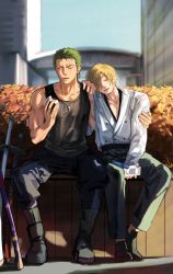 Rule 34 | 2boys, absurdres, blonde hair, eating, food, green hair, highres, kotomine (a1569), leaning on person, long sleeves, male focus, multiple boys, one piece, onigiri, outdoors, roronoa zoro, sanji (one piece), sitting, sleeping, sleeping on person, sleeping upright, sleeveless, yaoi
