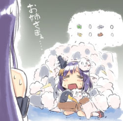 Rule 34 | 10s, 2girls, crying, detached sleeves, engiyoshi, closed eyes, failure penguin, fusou (kancolle), hair ornament, kantai collection, long hair, miss cloud, multiple girls, nontraditional miko, open mouth, purple hair, short hair, sitting, translation request, wide sleeves, yamashiro (kancolle)
