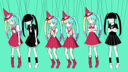 Rule 34 | 2girls, aegyo sal, aqua hair, black dress, black eyes, black hair, black sailor collar, blonde hair, blue gemstone, boots, bow, character doll, closed eyes, closed mouth, commentary request, dress, dual persona, fake meme (vocaloid), full body, gem, glasses, gloves, gradient hair, hair between eyes, hand up, hat, hatsune miku, heart, highres, kneehighs, long hair, looking at viewer, multicolored hair, multiple girls, neck ruff, pink eyes, pink hair, pinocchio-p, pleated skirt, polar opposites, puppet strings, red bow, red footwear, red hat, red skirt, red suspenders, sailor collar, shirt, short sleeves, sidelocks, skirt, socks, string, suspenders, twintails, two-tone hair, vocaloid, whale ornament, white gloves, white shirt