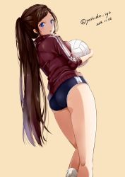 Rule 34 | 1girl, 2016, :o, ass, ball, bare legs, beige background, blue eyes, blush, breast press, breasts, brown hair, buruma, dated, gym uniform, hair ornament, hairclip, holding, holding ball, jacket, legs, long hair, looking at viewer, looking back, loose socks, md5 mismatch, original, panties, panties under buruma, ponytail, resized, resolution mismatch, ribbed legwear, simple background, sleeves rolled up, socks, solo, source larger, thighs, track jacket, track suit, twitter username, underwear, very long hair, volleyball, volleyball (object), white socks, yoshida iyo