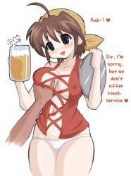 Rule 34 | 00s, 1990s (style), 1girl, ahoge, alcohol, b-daman, b-densetsu! battle b-daman, bandana, battle b-daman, beer, blue eyes, blush, grabbing another&#039;s breast, breasts, brown hair, cleavage, cup, daiwa mie, earrings, covered erect nipples, grabbing, hard-translated, hat, jewelry, lowleg, lowleg panties, male hand, mature female, mug, no bra, panties, pov, short hair, sleeveless, smile, third-party edit, translated, tray, underwear, waitress, white background, white panties