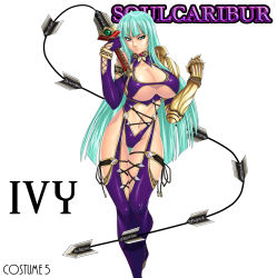 Rule 34 | 1girl, aqua eyes, aqua hair, asymmetrical clothes, boots, breasts, capcom, character name, copyright name, cosplay, english text, engrish text, hime cut, isabella valentine, isabella valentine (cosplay), judge martin, large breasts, morrigan aensland, namco, purple footwear, purple thighhighs, ranguage, solo, soul calibur, soulcalibur, soulcalibur iv, thighhighs, vampire (game), weapon, whip sword, white background