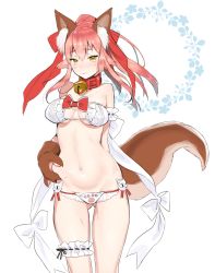 Rule 34 | 1girl, animal ears, animal hands, arm behind back, bad id, bad pixiv id, bell, blush, bra, breasts, breasts apart, bridal garter, cat ears, cat paws, cat tail, collar, curvy, fate/grand order, fate (series), fox ears, fox tail, gluteal fold, highres, long hair, looking at viewer, medium breasts, navel, neck bell, nito (siccarol), panties, pink hair, plump, ponytail, solo, sweatdrop, tail, tamamo (fate), tamamo cat (fate), tamamo no mae (fate/extra), underwear, white bra, white panties, yellow eyes