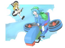 Rule 34 | 2girls, :d, :o, akihikohex, backpack, bag, black footwear, blonde hair, blue eyes, blue footwear, blue hair, blue sky, blush stickers, boots, broom, broom riding, cloud, day, driving, empty eyes, flying, green bag, green hat, hair bobbles, hair ornament, hand on headwear, hat, highres, hover vehicle, kawashiro nitori, kirisame marisa, multiple girls, open mouth, outdoors, shaded face, shoes, sitting, sky, smile, socks, touhou, two side up, white legwear, witch hat, yellow eyes
