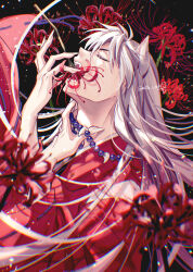 Rule 34 | 1boy, animal ears, bead necklace, beads, black background, closed eyes, demon boy, dog boy, dog ears, eating flower, fangs, flower, hair between eyes, hand on own neck, highres, inuyasha, inuyasha (character), japanese clothes, jewelry, long hair, male focus, motobi (mtb umk), necklace, open mouth, red flower, red shirt, shirt, solo, spider lily, tooth necklace, twitter username, upper body, white hair, wide sleeves