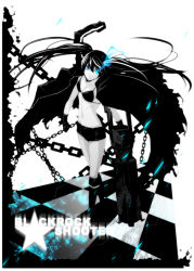 Rule 34 | 10s, 1girl, bad id, bad pixiv id, bikini, bikini top only, black hair, black rock shooter, black rock shooter (character), blue eyes, boots, breasts, chain, checkered floor, cleavage, female focus, full body, gloves, glowing, glowing eyes, iwamoto eiri, jacket, long hair, monochrome, navel, scar, short shorts, shorts, small breasts, solo, spot color, star (symbol), swimsuit, twintails, white background