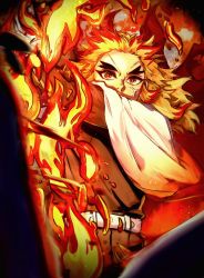 Rule 34 | 1boy, anger vein, belt, cape, closed mouth, commentary request, covered mouth, fire, forked eyebrows, highres, holding, holding sword, holding weapon, kimetsu no yaiba, long hair, long sleeves, looking at viewer, lucy (rusi-juren328), mismatched eyebrows, multicolored hair, nose, orange eyes, orange hair, red hair, rengoku kyoujurou, solo, standing, sword, thick eyebrows, two-tone hair, weapon, white belt, white cape