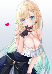 Rule 34 | 1girl, absurdres, aizawa ema, aizawa ema (1st costume), bare shoulders, black bow, black gloves, blonde hair, blue dress, blue eyes, blunt bangs, blush, bow, breasts, cat earrings, choker, criss-cross halter, dress, finger to mouth, frilled dress, frills, gloves, gradient background, gradient hair, hair ornament, hairclip, halter dress, halterneck, haruo860, highres, lace, lace choker, large breasts, leaning forward, long hair, looking at viewer, multicolored hair, smile, solo, very long hair, virtual youtuber, vspo!
