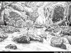 Rule 34 | 1girl, barefoot, cirno, etogami kazuya, greyscale, highres, letterboxed, monochrome, nature, rock, solo, stream, touhou, wallpaper, water, waterfall, wings
