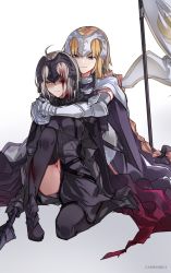 Rule 34 | 2girls, ahoge, armored boots, arms around neck, black legwear, blonde hair, blood, blood on face, boots, cape, carimarica, fate/grand order, fate (series), gauntlets, grey skirt, headpiece, highres, hug, hug from behind, jeanne d&#039;arc (fate), jeanne d&#039;arc (ruler) (fate), jeanne d&#039;arc alter (avenger) (fate), jeanne d&#039;arc alter (fate), light smile, long braid, multiple girls, one eye closed, short hair, skirt, standard bearer, thighhighs, white background, white cape, yellow eyes