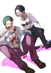 1boy 1girl black_bra black_hair black_pants blood blood_on_chest blood_on_face bra colored_shadow commentary green_hair hair_bun highres looking_at_viewer nico_robin one_eye_closed one_piece open_clothes open_shirt pants piry purple_pants roronoa_zoro see-through_clothes see-through_shirt shadow shirt short_hair simple_background sitting underwear white_background white_shirt