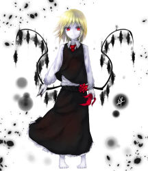 Rule 34 | 1girl, bad id, bad pixiv id, black wings, blonde hair, ex-rumia, frilled skirt, frills, gradient background, pale skin, red eyes, ribbon, rumia, shirt, short hair, skirt, touhou, vest, wings, yuxyon