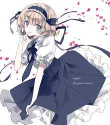 Rule 34 | 1girl, alice margatroid, alternate costume, bad id, bad pixiv id, blonde hair, blue eyes, cierra (ra-bit), finger to mouth, hairband, lolita hairband, looking at viewer, meme attire, necktie, petals, puffy short sleeves, puffy sleeves, shirt, short sleeves, skirt, solo, touhou, virgin killer outfit
