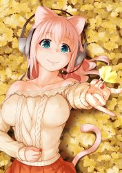 Rule 34 | 1girl, animal ears, aran sweater, autumn leaves, breasts, cable knit, cat ears, cat tail, foreshortening, from above, ganari ryuu, ginkgo leaf, green eyes, headphones, headset, highres, large breasts, leaf, long hair, looking at viewer, original, outdoors, pink hair, smile, solo, super tama musume, sweater, tail, tamatoys