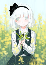 Rule 34 | 1girl, black hairband, black ribbon, blue eyes, blue sky, blunt bangs, blush, bob cut, bouquet, closed mouth, collared shirt, day, field, flower, flower field, green skirt, green vest, hair ornament, hair ribbon, hairband, hands up, holding, holding bouquet, konpaku youmu, lily of the valley, long sleeves, looking at viewer, outdoors, own hands together, petals, polka dot, ribbon, seeker, shirt, short hair, skirt, skirt set, sky, sleeve cuffs, smile, solo, tareme, touhou, upper body, vest, white hair, white shirt, yellow flower