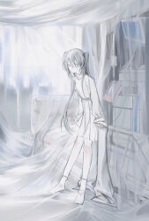 Rule 34 | 1girl, absurdres, bed, cabinet, grey eyes, grey hair, hair between eyes, highres, hospital, hospital bed, iv stand, leaning, long hair, long sleeves, looking at viewer, monitor, no mouth, no shoes, original, shirt, skirt, socks, solo, television, turtleneck, twintails, u-u (uni 4040), white shirt, white skirt, white socks